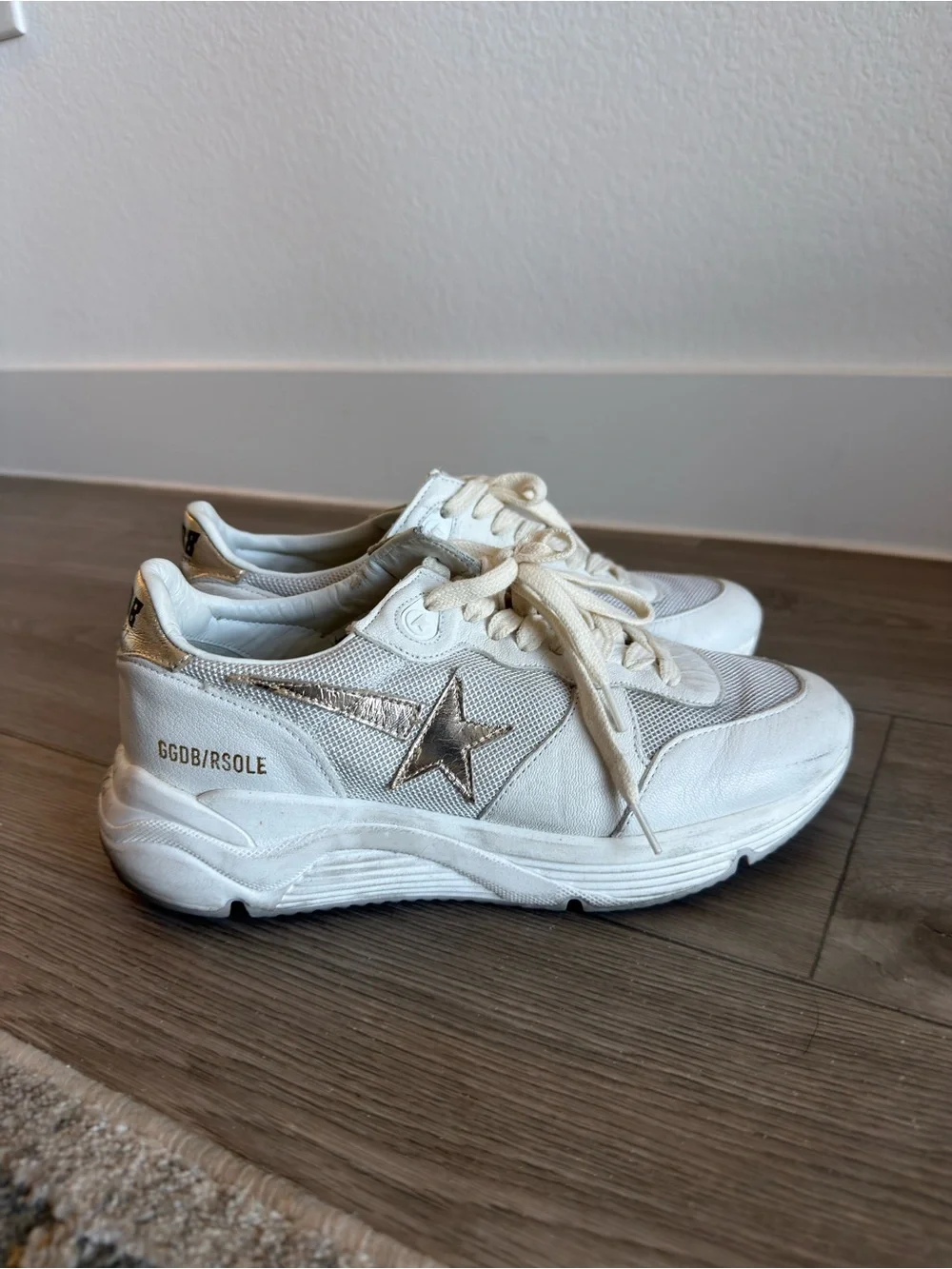 White Golden Goose Running Soles Sneakers with Gold Heel Accent